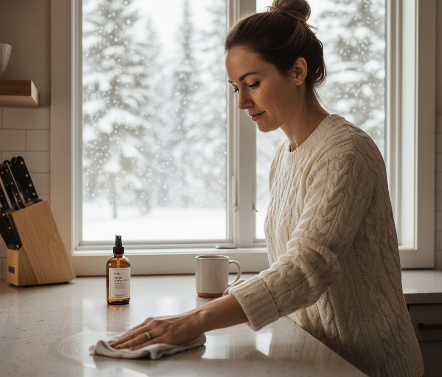 Organically Clean team member cleaning with Branch Basics non-toxic products